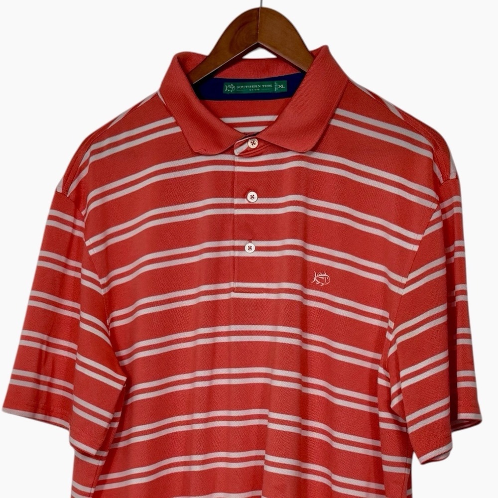 Southern Tide Polo Shirt Mens XL Coral White Striped Performance Stretch Golf